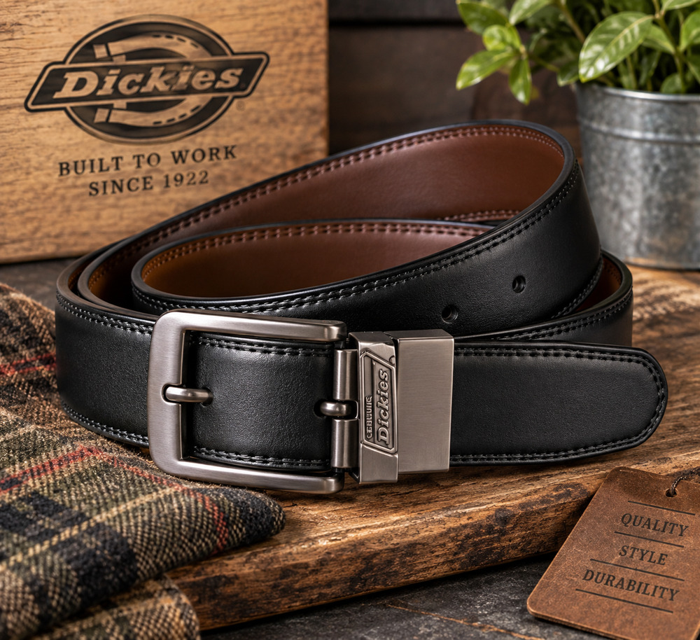 Dickies Men's Reversible Leather Belt Black Brown 32/80 Gunmetal Buckle